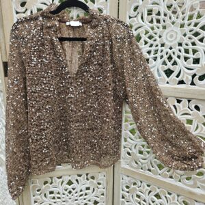 Blouse chocolat en filet et sequins