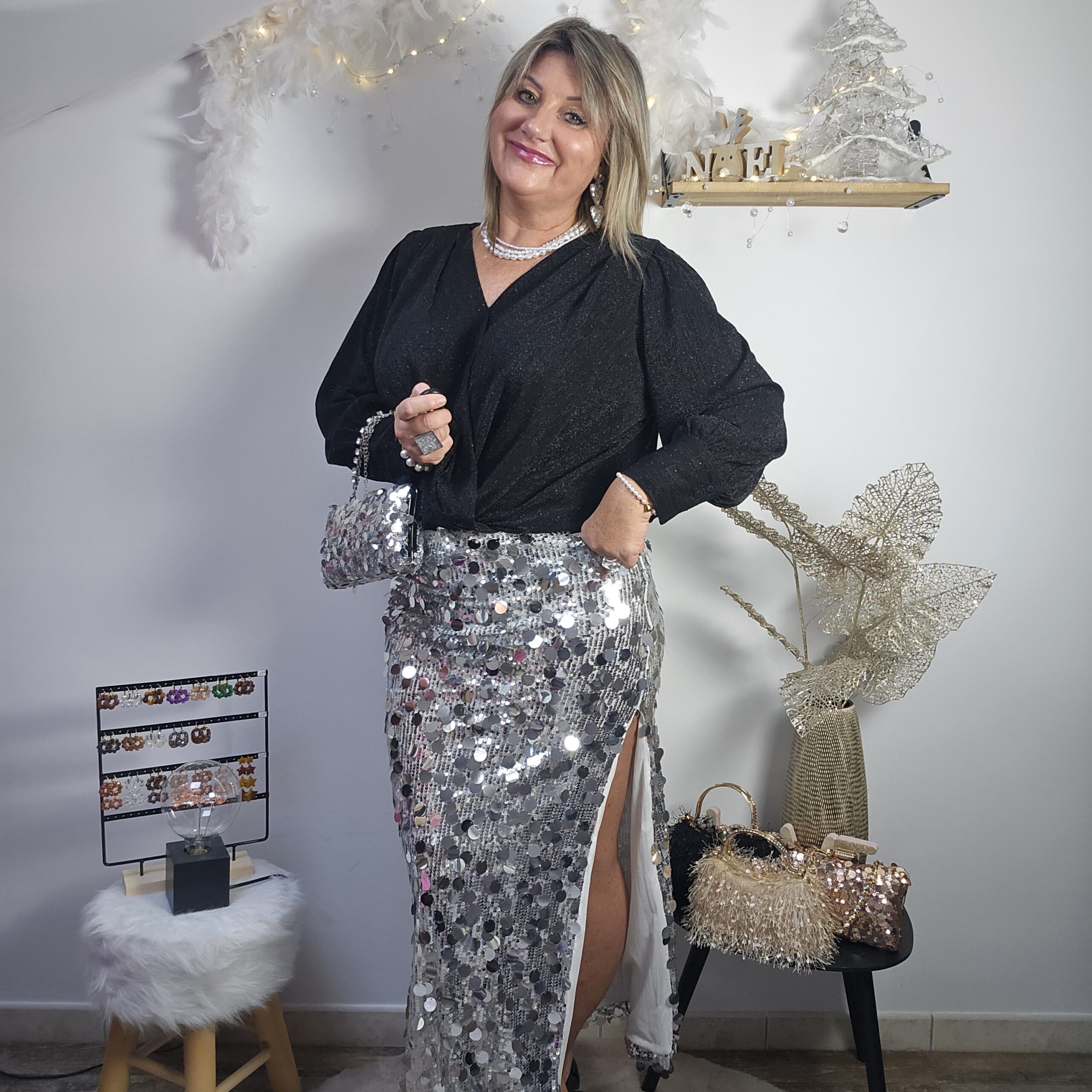 Jupe crayon en sequins argentés – Image 5