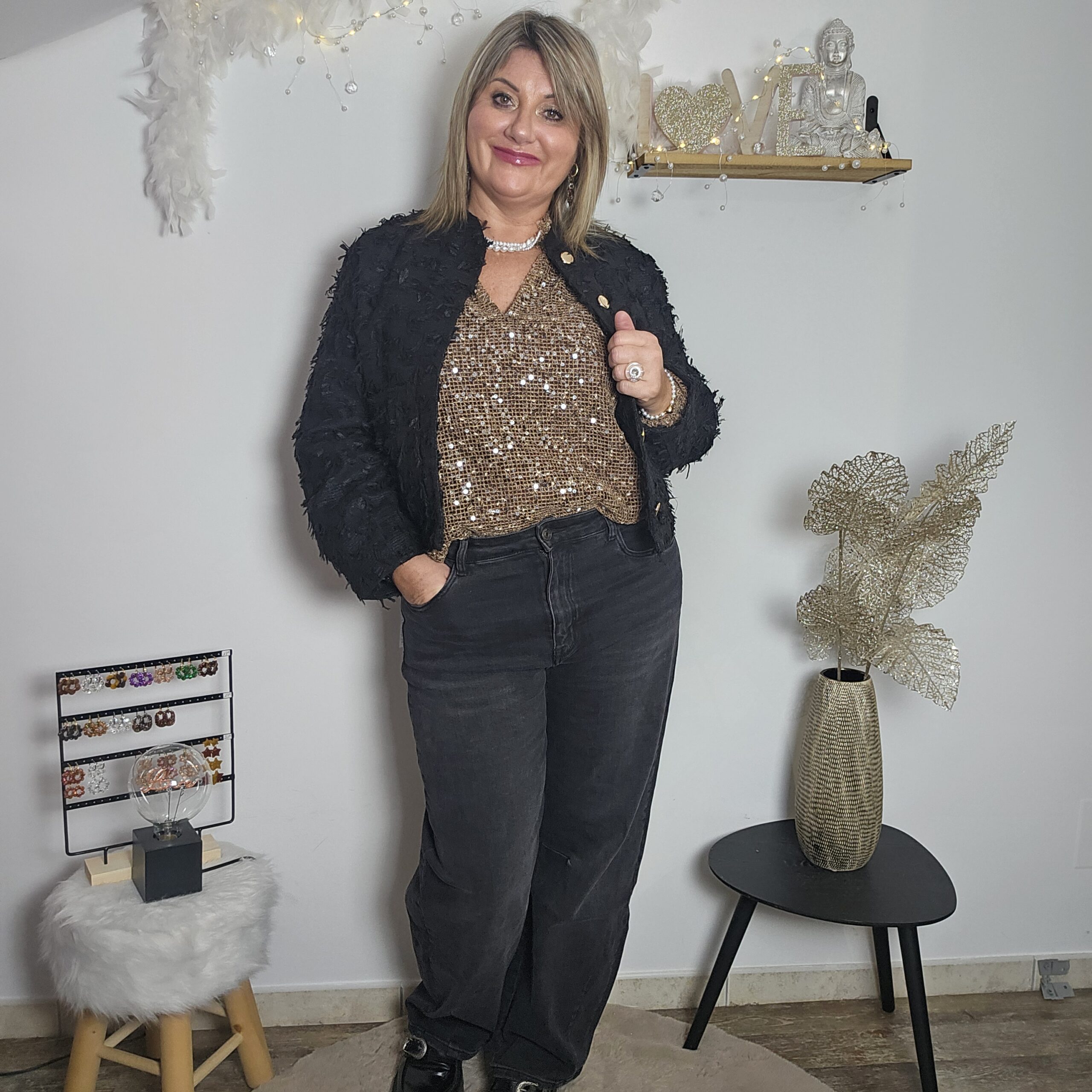 Veste courte noire en tweed – Image 3