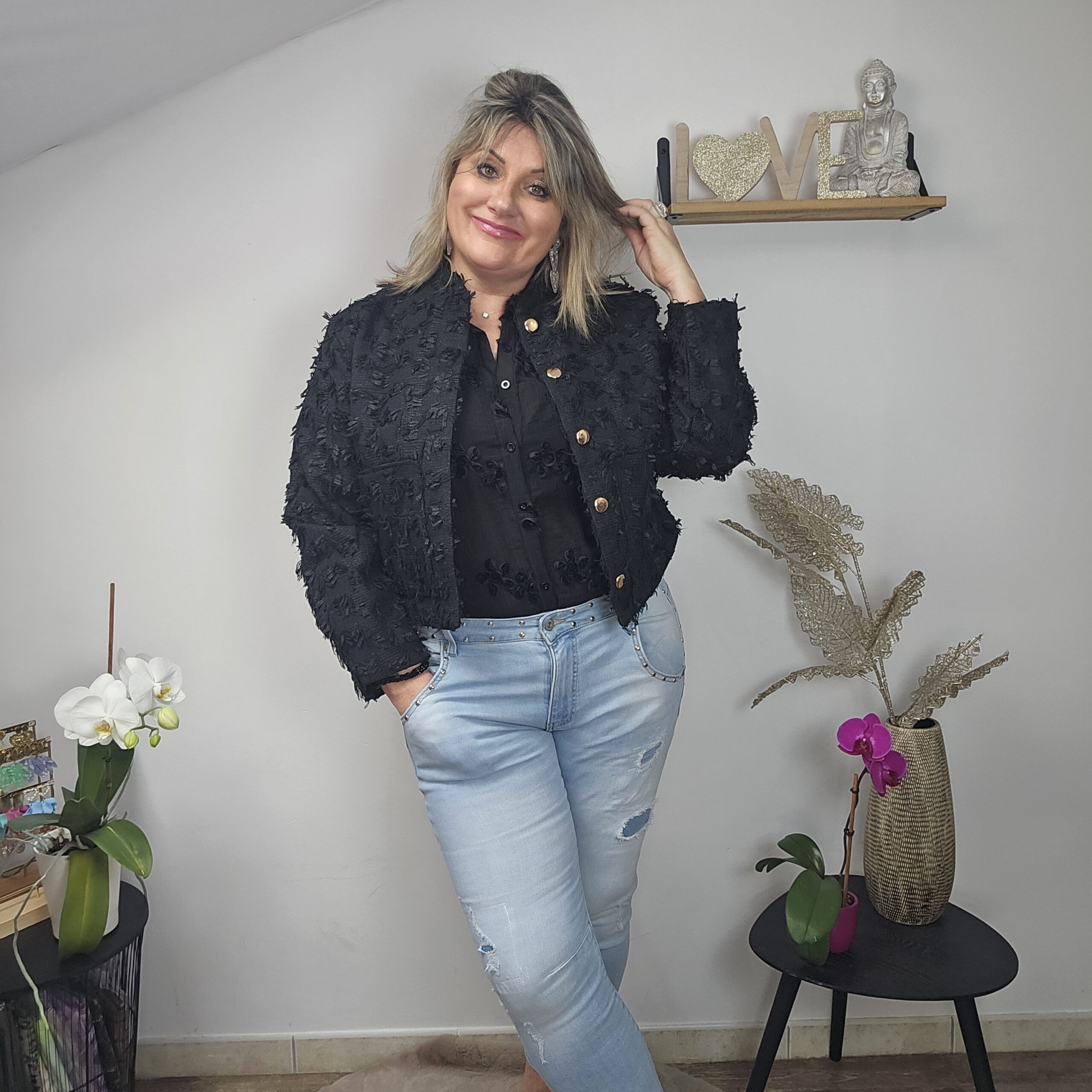 Veste courte noire en tweed – Image 2