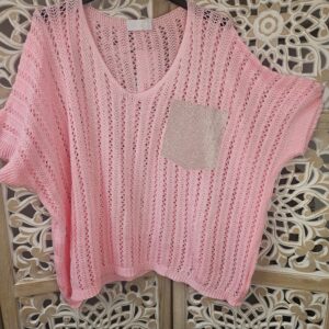 Top rose en maille avec poche strass