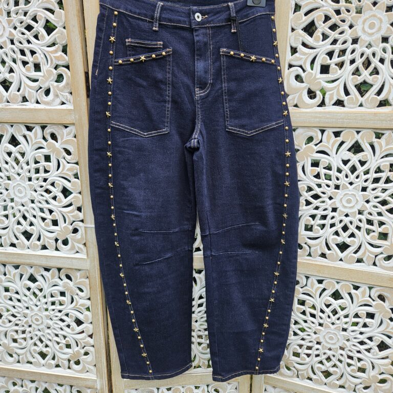 Jeans Barrel bleu brut étoiles cloutées