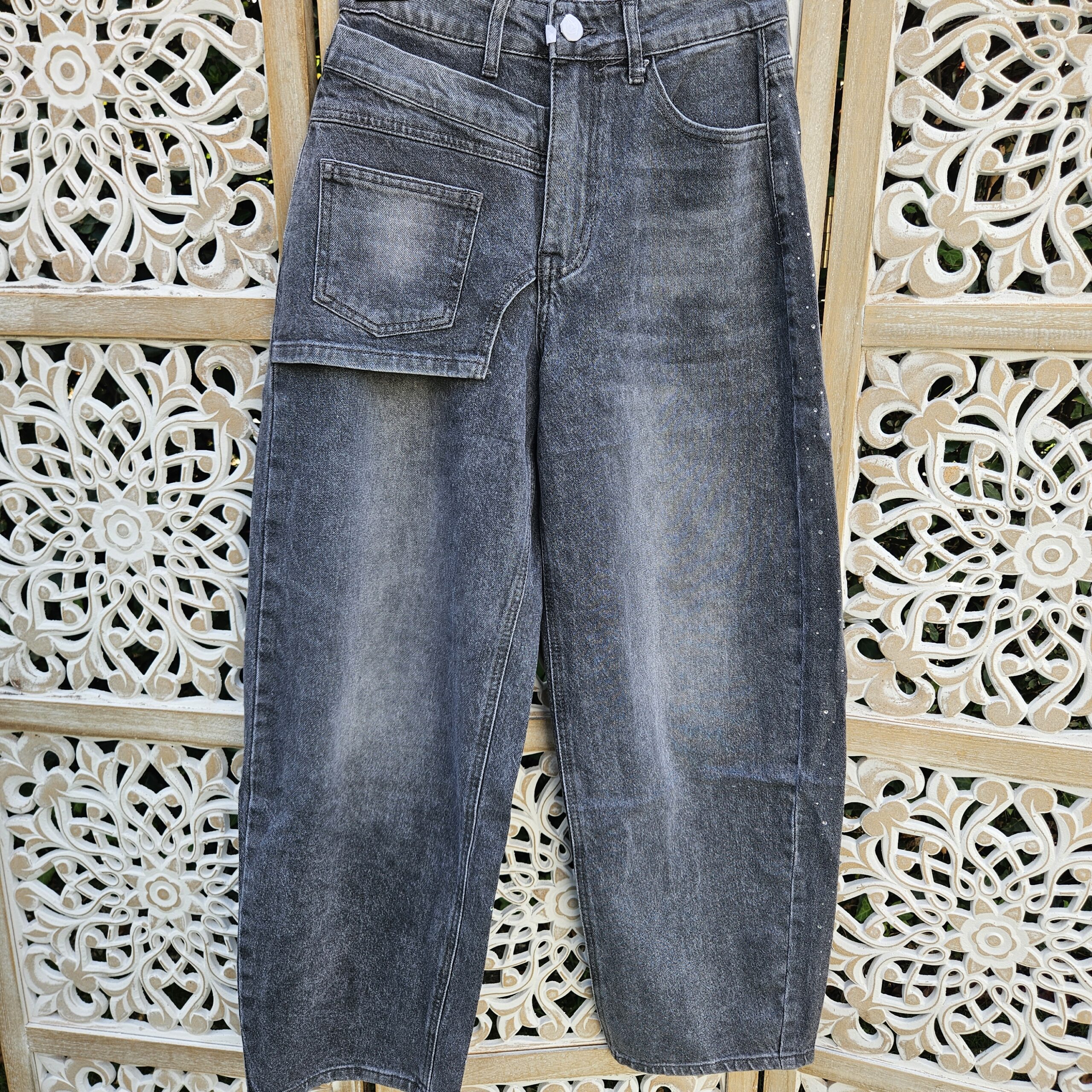 Jeans Barrel gris clair Strass – Image 2